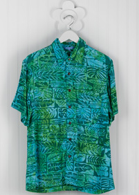 GTG Patch Fern Mens Aloha Shirt: Light blue and green Blue Ginger Hawaiian shirt with a pattern depicting different tropical leaves on a hanger in Waikiki