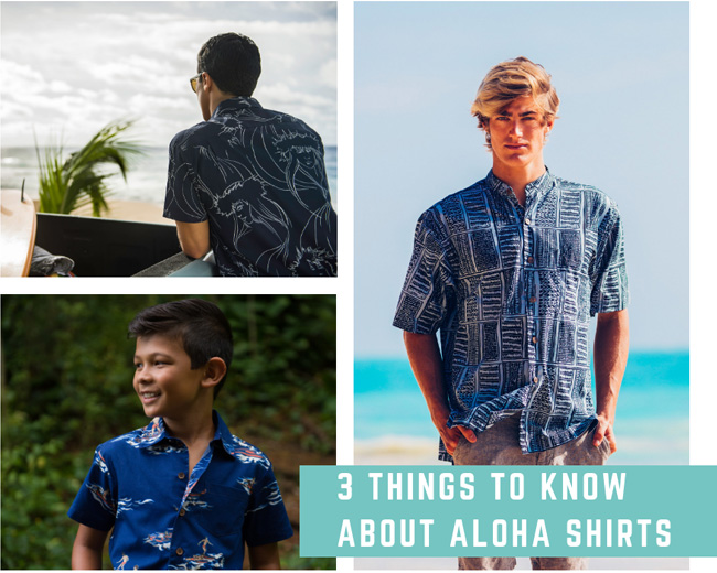 An image collage of 3 men wearing different short-sleeve Hawaiian shirts available at Waikīkī Beach Walk in Honolulu, HI