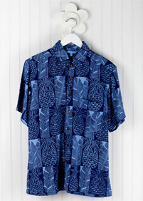 BN Pineapple Mens Aloha Shirt: Blue Ginger Hawaiian shirt with a checkered pineapple and tropical leaf pattern in different shades of blue on a hanger