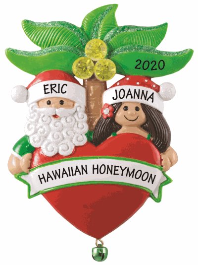 Hawaiian Christmas ornament featuring Santa & Mrs. Clause with a heart that says Hawaiian Honeymoon
