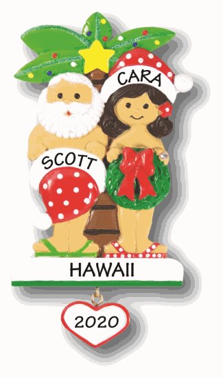 Santa holding his santa hat and Mrs. Claus holding a wreath in front of a Christmas-themed palm tree.