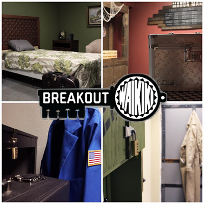 Collage of a bed, locked cabinets, & a coat with an American flag patch