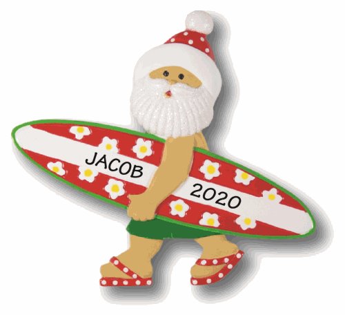 Santa ornament holding a green & red surfboard with the custom name Jacob 2020 written on it.