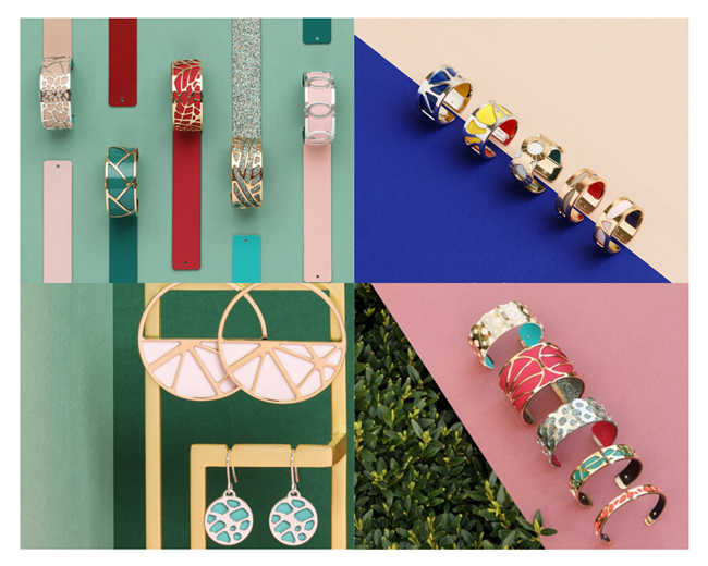 Collage of colorful bracelets, earrings, & rings with gold embellishments.
