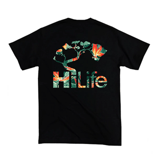 Black T-shirt with green & orange Bird of Paradise flowers within the shape of the HiLife logo.
