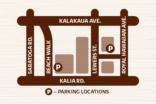 Map graphic indicating 2 parking locations for Waikiki Beach Walk