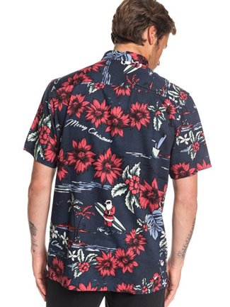 Dark navy button-up shirt with Hawaii holiday motifs such as red poinsettia flowers & a surfing Santa.