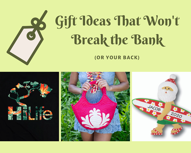Green blog header image featuring a collage of a black HiLife tee, pink quilted purse, & surfing Santa Christmas ornament.