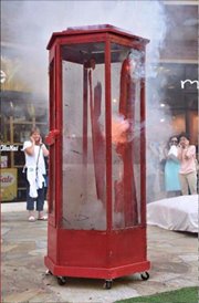 a red booth with firecrackers