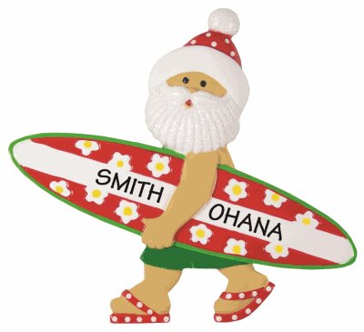 Hawaiian Christmas ornament of Santa carrying a surfboard that has been personalized with a name
