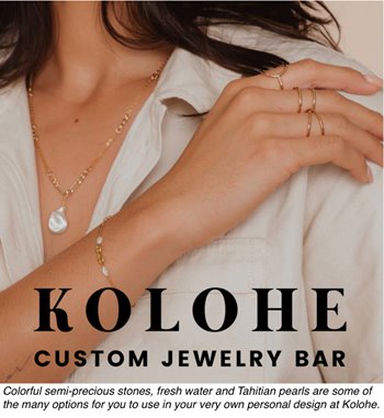 A person wearing a gold necklace and three gold rings. Text reading Kolohe Custom Jewelry Bar is overlaid on the picture.