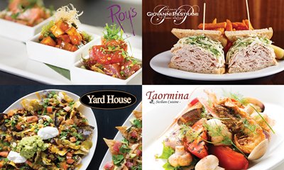 Collage of dishes from Roy's, Giovanni Pastrami, Yard House, and Taormina Sicilian Cuisine
