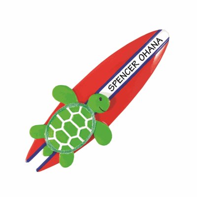 Christmas ornament of a green turtle riding a red & white surfboard that is customized with the sample name, Spencer Ohana