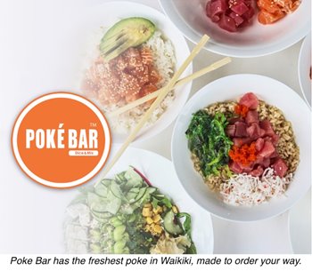 Three poke bowls from Poke Bar: one bowl with salmon, avocado, and white rice; another bowl with ahi, some toppings, and brown rice; and a poke salad bowl