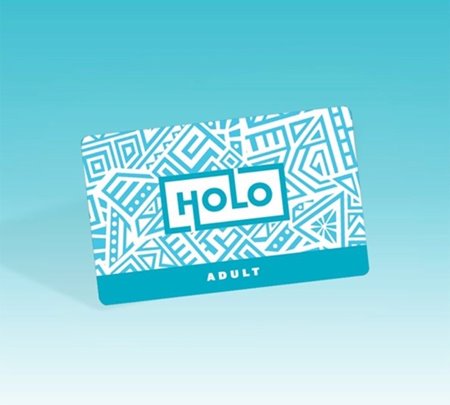Blue and white HOLO card for adults, available for purchase at ABC Store to ride TheBus on Oahu.