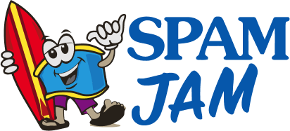 Spam Jam logo featuring a cartoon musubi can holding a surfboard