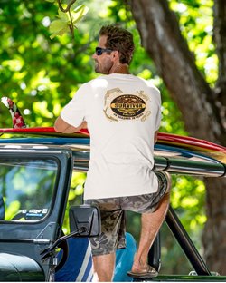 Man wearing a tee with the Survivor tv show logo & 4 animal motifs on the back