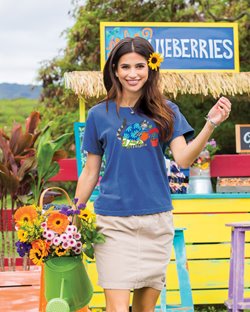 Aloha_Cat.jpg Woman wearing a blue B. Kliban cat shirt while holding a watering can & flowers
