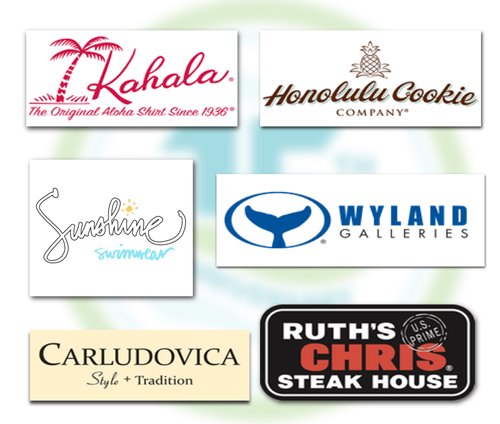 Collage of logos for Kahala, Honolulu Cookie Company, Sunshine Swimwear, Wyland Galleries. Carludovica, & Ruth's Chris Steak House