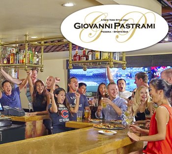 Group of people cheering at Giovanni Pastrami sports bar, enjoying drinks and pizza while watching a game on multiple screens