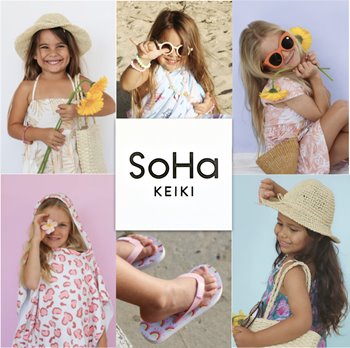 Collage of young girls modeling beachwear, holding flowers, and wearing sun hats, surrounding the 'SoHa Keiki' brand logo.