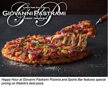 a pizza with a lot of toppings, and a slice being pulled out of the pizza. the text on the top left reads "a new york style deli, giovanni pastrami, pizzeria - sports bar"