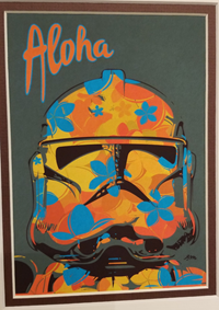 AlohaTrooper-$25.png Multicolored orange, blue, & yellow art print of a stormtrooper helmet with the word aloha written above it.