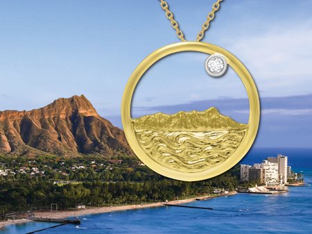 DiamondHead_Gold.jpg All-gold pendent cast in the shape of Diamond Head with a single round diamond in front of the real Diamond Head for comparison.