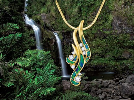 Waterfall_Opal.jpg Gold waterfall pendant with opal inlays & diamonds in front of a real waterfall in Hawaii.