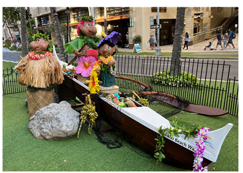 WBW-Menehune-2.png Another angle of the Menehune installation, featuring 3 Menehune statues riding aboard the wooden canoe.