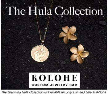 Kolohe Hula collection featuring plumeria flower earrings and a pendant