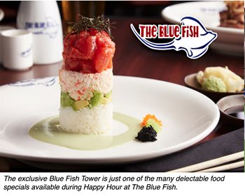 fish tower served on a white plate and a logo that reads "the blue fish" on the top right side