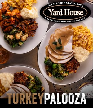 A collage featuring a variety of delicious foods with overlay text that includes "GREAT FOOD. CLASSIC ROCK" and "Yard House" along with the phrase "WORLD'S LARGEST SELECTION OF DRAFT BEER" and "TURKEYPALOOZA".